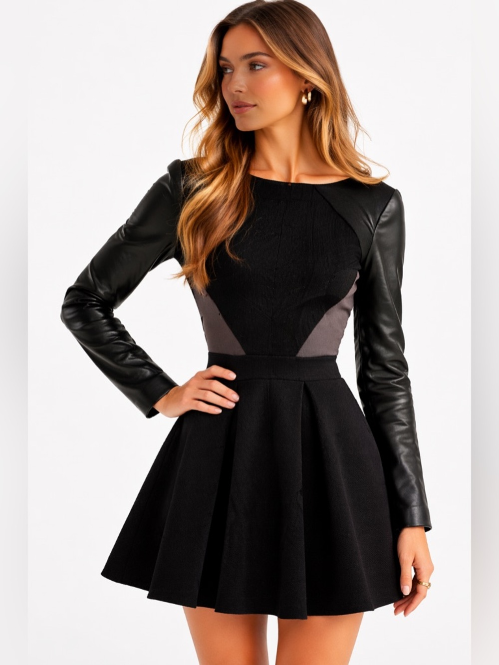 Stella & Jamie Rio Leather Sleeve Dress Large NWT Black Fit & Flare Open Back